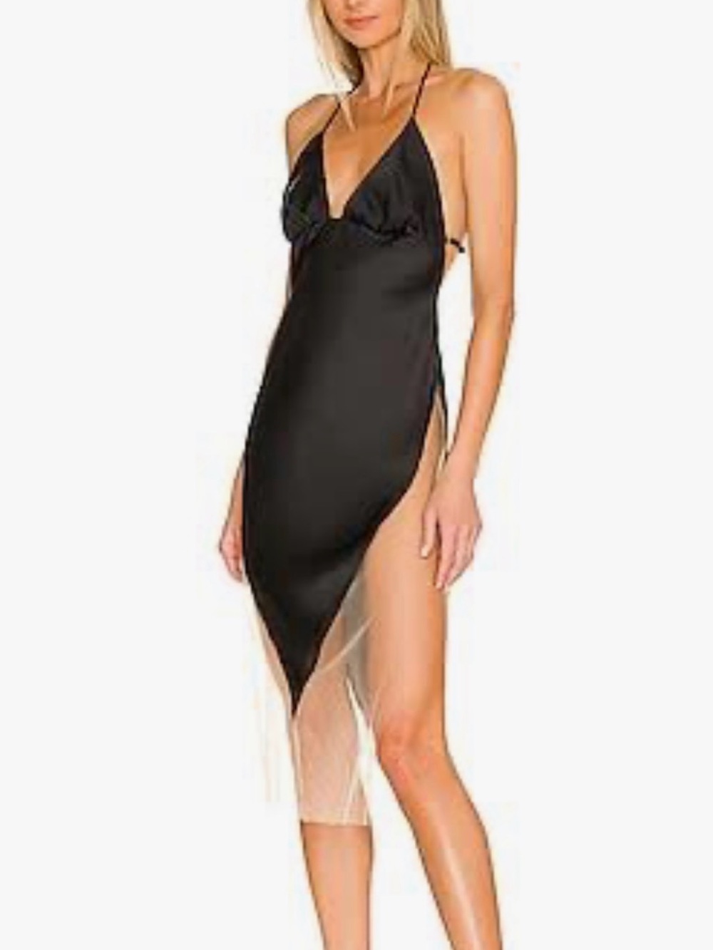 God Save Queens Black Satin Slip dress with Sheer Hem
